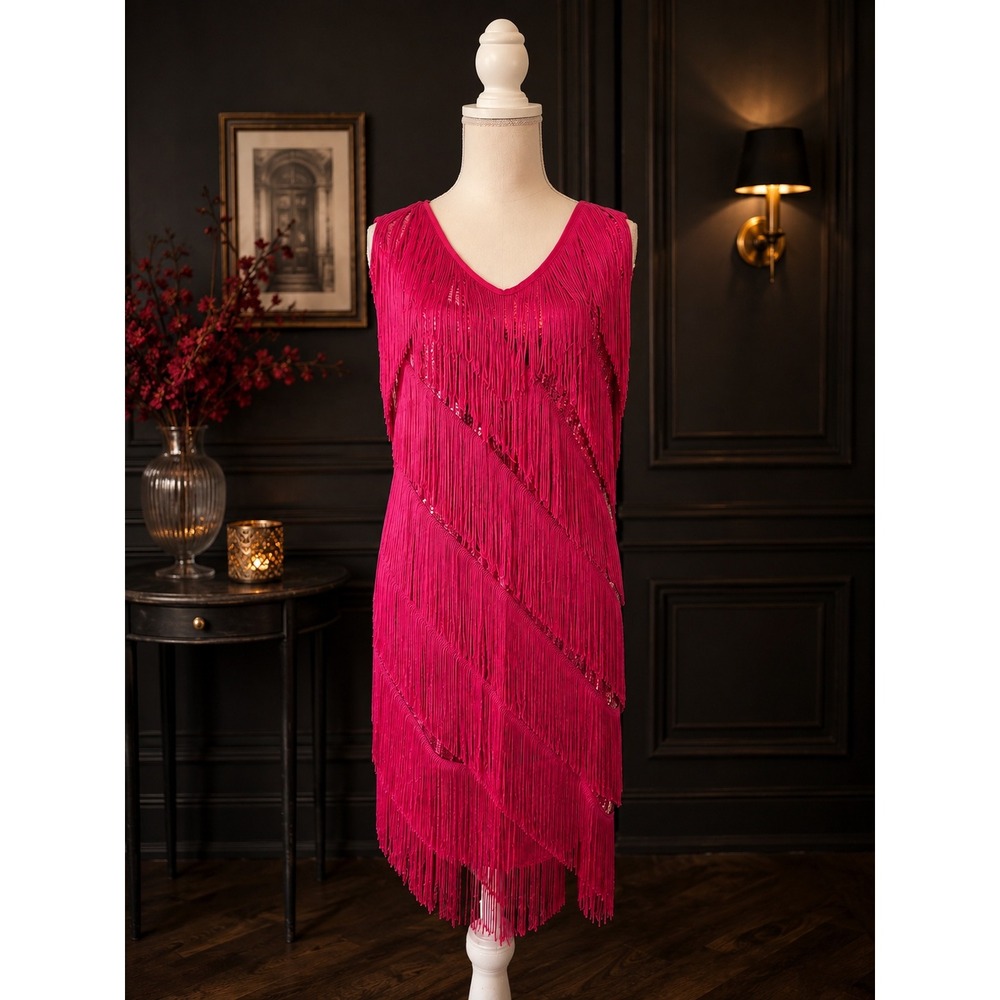 PrettyGuide Hot Pink Sequin Fringe Flapper Dress V-Neck Gatsby Party Costume L